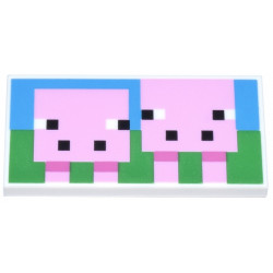 Tile 2 x 4 with Pixelated Bright Pink Minecraft Pig and Baby Pig on Green Grass and Dark Azure Sky Background Pattern: {бял}