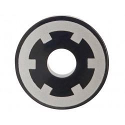 Tile, Round 2 x 2 with Hole with Silver Sprocket Wheel (Spool) Pattern: {черен}