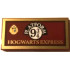 Tile 2 x 4 with Black and White 'PLATFORM 9 3/4', Hogwarts Houses Crest and 'HOGWARTS EXPRESS' on Red Background with Gold Border Pattern: {нов тъмно червен}