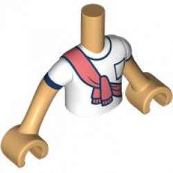 Torso Mini Doll Boy White T-Shirt with Black Pocket and Trim and Coral Scarf Pattern, Medium Tan Arms with Hands with White Short Sleeves and Black Trim: {умерен тан}