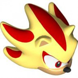 Minifigure, Head, Modified Hedgehog, Shadow with Molded Medium Tan Face and Inner Ears and Printed Red Streaks, Eyes on White Background, Black Nose and Open Mouth Scowl Pattern: {студено жълт}