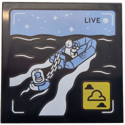 Tile 4 x 4 with 'LIVE' Broadcast with Bright Light Blue Rubber Raft and Sky, Black Sea, White Minifigure, Stars and Waves, Yellow Icon with Clouds Pattern: {черен}