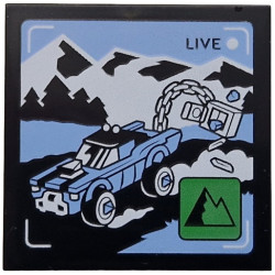 Tile 4 x 4 with 'LIVE' Broadcast with Bright Light Blue Car and Side Road, Black and White Mountains, Green Icon with Mountains Pattern: {черен}