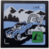 Tile 4 x 4 with 'LIVE' Broadcast with Bright Light Blue Car and Side Road, Black and White Mountains, Green Icon with Mountains Pattern: {черен}