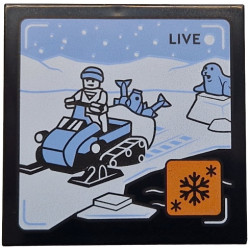 Tile 4 x 4 with 'LIVE' Broadcast with Bright Light Blue Snowmobile, Fish, Seal and Sky, White Ground and Mountains, Orange Icon with Black Snowflakes Pattern: {черен}