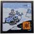 Tile 4 x 4 with 'LIVE' Broadcast with Bright Light Blue Snowmobile, Fish, Seal and Sky, White Ground and Mountains, Orange Icon with Black Snowflakes Pattern: {черен}