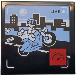 Tile 4 x 4 with 'LIVE' Broadcast with Bright Light Blue Motorcycle and Sky, Black Road and Skyliners, White Minifigure, Red Icon with Speedometer Pattern: {черен}