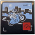 Tile 4 x 4 with 'LIVE' Broadcast with Bright Light Blue Motorcycle and Sky, Black Road and Skyliners, White Minifigure, Red Icon with Speedometer Pattern: {черен}