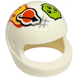 Minifigure, Headgear Helmet Motorcycle (Standard) with Reddish Orange and Black Classic Space Logo, Arrow, Yellow Flames, Lime Alien Head Pattern: {бял}