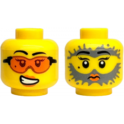 Minifigure, Head Dual Sided Female Black Eyebrows, Beauty Mark, Orange Safety Glasses and Lips, Scared Open Mouth with Teeth / Surprised with Dark Bluish Gray Splotches Pattern: {ярко жълт}