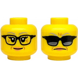 Minifigure, Head Dual Sided Female Light Bluish Gray Eyebrows, Black Glasses, Medium Nougat Wrinkles, Nougat Lips, Grin / Sunglasses and Frown Pattern: {ярко жълт}