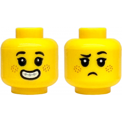 Minifigure, Head Dual Sided Child Black Eyebrows and Eyelashes, Medium Nougat Freckles, Open Mouth Smile with Teeth and Silver Braces / Frown Pattern: {ярко жълт}