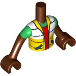Torso Mini Doll Boy White Jacket with Blue Pockets, Yellow Bottom and Collar over Red Shirt, 'POW! in Star on Back Pattern, Reddish Brown Arms with Hands with Green Short Sleeves: {червеникаво-кафяв}