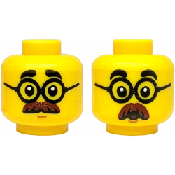 Minifigure, Head Dual Sided Black Thick Eyebrows, Round Glasses, Reddish Brown Moustache, Medium Nougat Chin Dimple, Neutral / Surprised Open Mouth Pattern: {ярко жълт}