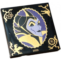 Tile 4 x 4 with Lavender and Dark Purple Maleficent Portrait in Scalloped Oval Frame with Gold Filigree, '1959', Rose, Dragon, Raven Diablo and Spinning Wheel Pattern: {черен}