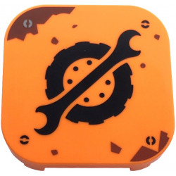 Tile, Modified 4 x 4 with Rounded Corners and 4 Feet with Black Spanner Wrench and Wheel with Tire Logo, Reddish Brown Rust Stains, Screw Heads Pattern: {ярко оранжев}