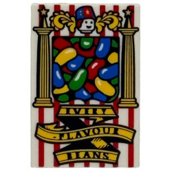 Tile 2 x 3 with HP Bertie Bott's Beans Box with Green, Blue, Red and Yellow Jelly Beans, Pillars, Stripes and 'EVERY-FLAVOUR BEANS' on Banner Pattern: {бял}