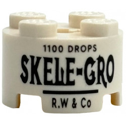 Brick, Round 2 x 2 with Axle Hole with Black '1100 DROPS', 'SKELE-GRO' and 'R.W & Co' Pattern: {бял}