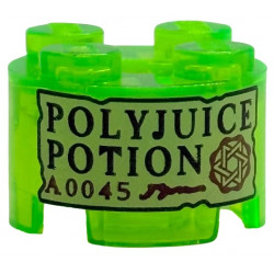 Brick, Round 2 x 2 with Axle Hole with Tan Label with Black 'POLYJUICE POTION' and Dark Red 'A0045' and Symbol Pattern: {прозрачно ярко зелен}