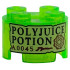 Brick, Round 2 x 2 with Axle Hole with Tan Label with Black 'POLYJUICE POTION' and Dark Red 'A0045' and Symbol Pattern: {прозрачно ярко зелен}