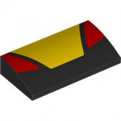 Slope, Curved 2 x 4 x 2/3 with Bottom Tubes with Yellow Trapezoidal Panel in Center and Red Triangular Panels on Sides Pattern: {черен}