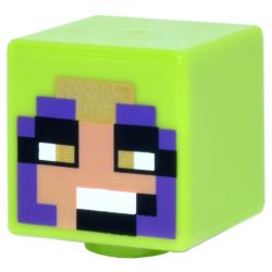 Minifigure, Head, Modified Cube with Pixelated Nougat Face, Black, Gold and White Eyes and Mouth, Dark Purple Hood Pattern (Minecraft Jungle Ranger): {ярко жълто-зелен}