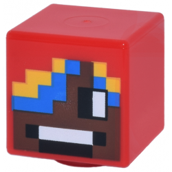 Minifigure, Head, Modified Cube with Pixelated Umber Face, Black and White Eyes and Mouth, Blue and Yellow Hair Pattern (Minecraft Parrot Handler): {ярко червен}