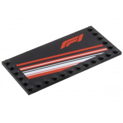 Tile, Modified 6 x 12 with Studs on Edges with Formula 1 Logo Stylized 'F1', Red and White Diagonal Stripes Pattern: {черен}