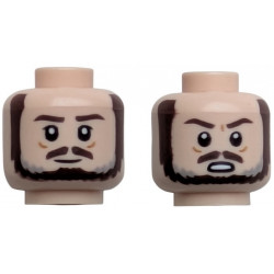 Minifigure, Head Dual Sided Dark Brown Eyebrows, Moustache and Beard with Light Bluish Gray Highlights, Grin / Angry Open Mouth with Teeth Pattern: {светло нуга}