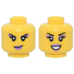 Minifigure, Head Dual Sided Female Black Eyebrows and Eyelashes, Metallic Pink Eye Shadow, Medium Lavender Lips, Smirk / Open Mouth Smile with Teeth Pattern: {ярко жълт}