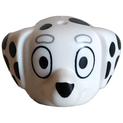 Minifigure, Head, Modified Dog (Dalmatian) with Pointed Ears, Hole on Top with Black Eyes, Nose and Spots, Light Bluish Gray Eyebrows Pattern: {бял}