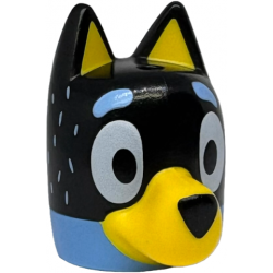 Minifigure, Head, Modified Dog (Cattle) with Straight Ears, Hole on Top with Molded Black Top and Yellow Muzzle and Auricles and Printed Eyes, Nose, Bright Light Blue Eyebrows and Fur Pattern: {умерено син}