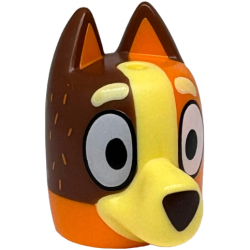 Minifigure, Head, Modified Dog (Cattle) with Curved Ears, Hole on Top with Molded Reddish Brown Top and Bright Light Yellow Muzzle and Markings and Printed Eyes, Eyebrows, Fur, Dark Brown Nose Pattern: {ярко оранжев}