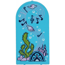 Glass for Door Frame 1 x 6 x 7 Arched with Notches and Rounded Pillars with Fish, Bubbles, Coral, Lime Seaweed, Metallic Pink Musical Score and Black Music Notes Pattern: {умерено небесносин}