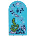 Glass for Door Frame 1 x 6 x 7 Arched with Notches and Rounded Pillars with Fish, Bubbles, Coral, Lime Seaweed, Metallic Pink Musical Score and Black Music Notes Pattern: {умерено небесносин}
