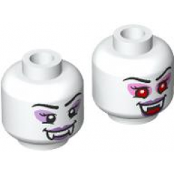 Minifigure, Head Dual Sided Alien Female Vampire with Black Eyebrows, Lavender Eye Shadow, Medium Lavender Lips, Fangs, Grin / Red Eyes, Bright Pink Eye Shadow, Open Mouth Smile with Tongue Pattern: {бял}