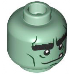 Minifigure, Head Alien Monster with Black Bushy Eyebrows, Dark Green Cheek Lines, Wrinkles, Chin Dimple, White Tooth, Neutral Pattern: {пясъчно зелен}