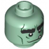 Minifigure, Head Alien Monster with Black Bushy Eyebrows, Dark Green Cheek Lines, Wrinkles, Chin Dimple, White Tooth, Neutral Pattern: {пясъчно зелен}