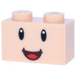 Brick 1 x 2 with Black Eyes, White Glints and Dark Red Open Mouth Smile with Red Tongue Pattern (Super Mario Captain Toad Face): {светло нуга}