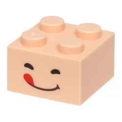 Brick 2 x 2 with Black Closed Eyes and Dark Brown Mouth with Red Tongue Sticking Out Pattern (Super Mario Green Toad Face): {светло нуга}
