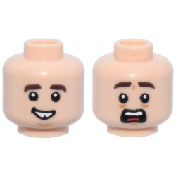 Minifigure, Head Dual Sided Dark Brown Eyebrows, Smile with Tooth Gap / Open Mouth Scared with Red Tongue Pattern: {светло нуга}