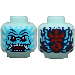 Minifigure, Head Alien Dragon with Medium Azure Face, Red Eyes, Dark Blue Eyebrows and Nostrils, Open Mouth with Fangs and Sharp Teeth, Scales and Swirls on Back Pattern: {аквамарин}