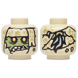 Minifigure, Head Alien Olive Green Face with Dark Green Markings, Bright Light Orange Eyes, Tattered Wrappings with Gold Highlights, Light Bluish Gray Ponytail on Back Pattern: {тухлено жълт}