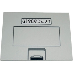 Tile 6 x 8 with Dark Bluish Gray and Black Catch, Rectangle, and Dark Blue 'G19890421' on Silver Background Pattern: {умерено каменно сив}