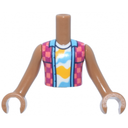 Torso Mini Doll Boy Coral and Magenta Checkered Sleeveless Shirt Open over White Undershirt with Bright Light Orange and Medium Azure Shapes Pattern, Medium Nougat Arms with Hands: {умерен нуга}