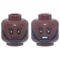 Minifigure, Head Dual Sided Black Eyebrows, Chin Strap, Neutral / Scared Open Mouth with Teeth Pattern: {червеникаво-кафяв}