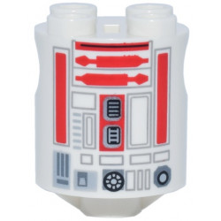 Brick, Round 2 x 2 x 2 Robot Body with Bottom Axle Holder (x Shape / + Orientation) with Light Bluish Gray Lines, Silver Rectangles and Ports and Red Droid Details Pattern (R3-T6): {бял}