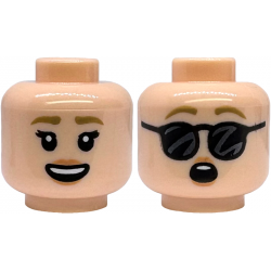 Minifigure, Head Dual Sided Female Dark Tan Eyebrows, Double Eyelashes, Nougat Lips, Open Mouth Smile with Top Teeth / Surprised with Black Sunglasses Pattern: {светло нуга}