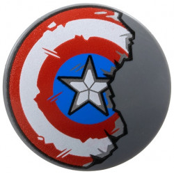 Minifigure, Shield Circular / Round Convex Face with Red and White Concentric Rings, Star in Blue Circle, Scratches and Damaged Half Pattern (Captain America): {тъмно каменно сив}