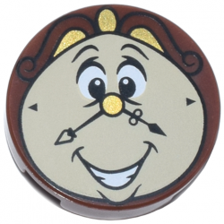 Tile, Round 2 x 2 with Bottom Stud Holder with Smiling Tan Clock Face, Gold Nose and Trim, Black Hands and Scrolls, Open Mouth with Teeth Pattern (Cogsworth): {червеникаво-кафяв}